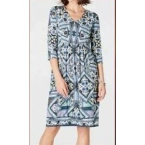 J JILL Stretch Lapis Artisan‎ Printed Jersey Tunic DRESS Size XL 3/4 Sleeve